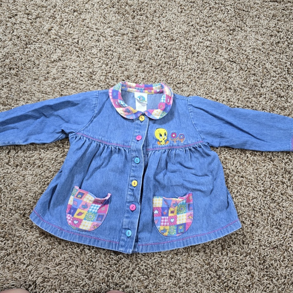 Vintage Tweety Denim Romper Jacket in Blue with Patchwork Accents
